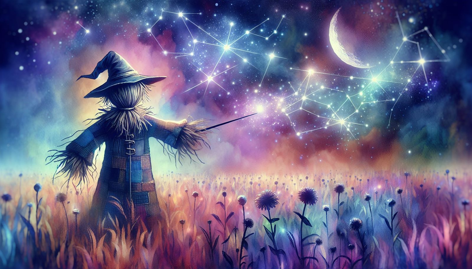 Magical Scarecrow Casting Spells in Starry Landscape