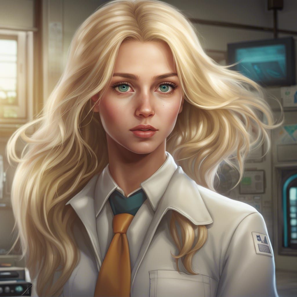 Beautiful Blonde Scientist with Blue-Green Eyes