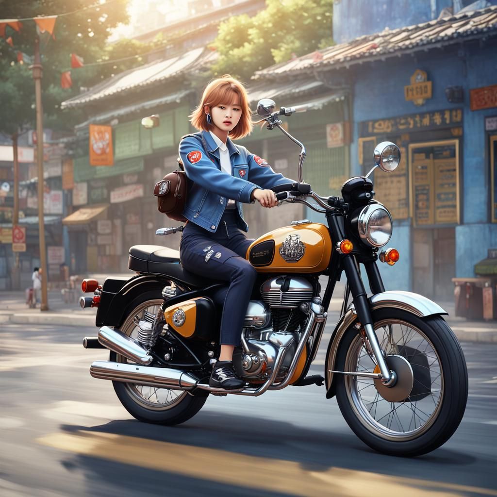 K-Pop Star on Motorcycle in 3D Anime Art