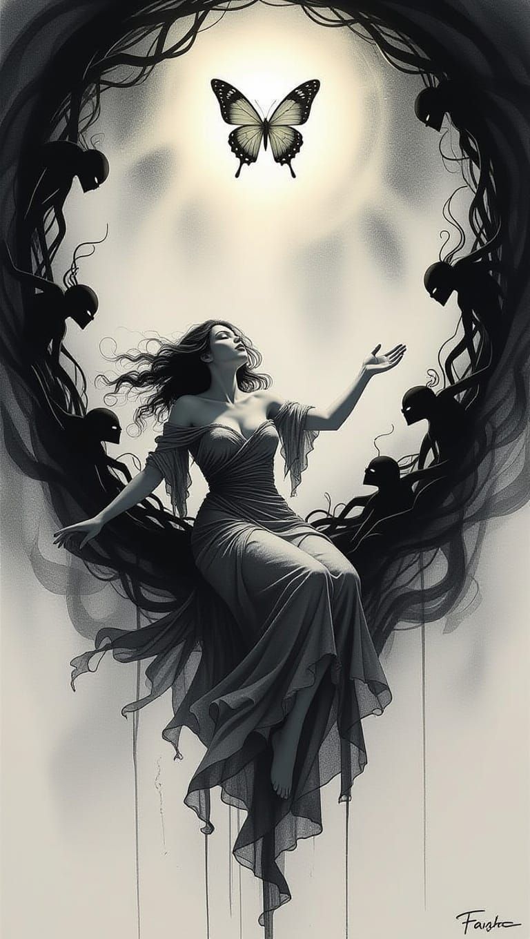 Sorrowful Beauty Falls into Dark Abyss in Hyperdetailed Char...