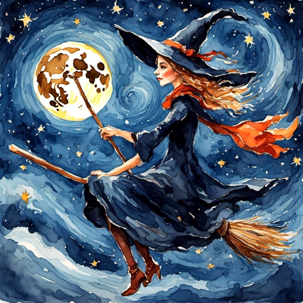 Witch on a broom, starry night, full moon<lora:Impressionist...