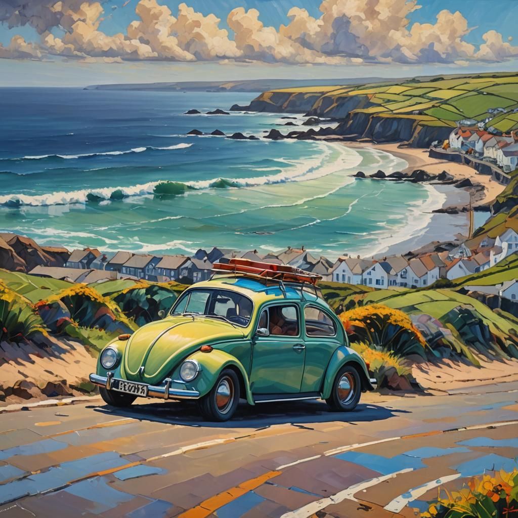 Cornish Coast VW Beetle in Expressionist Oil Painting