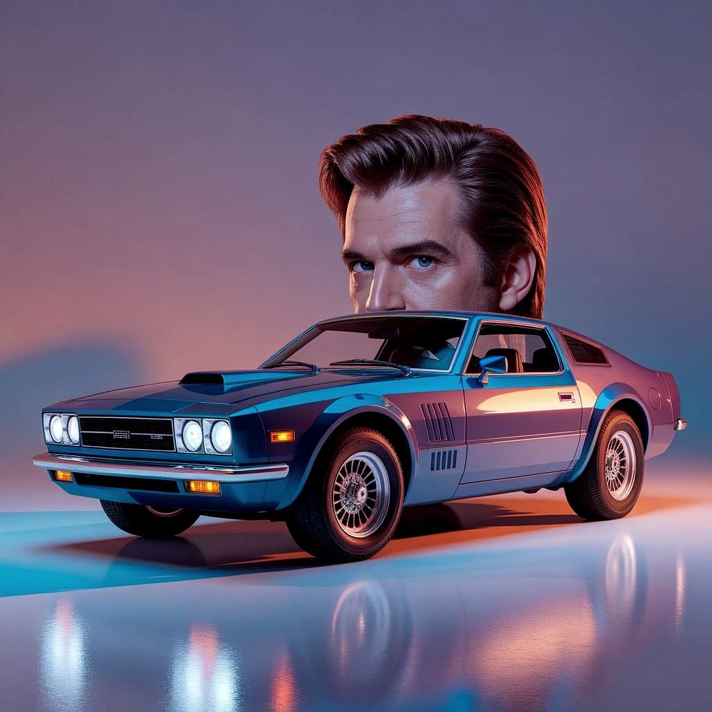 K.I.T.T. Wonder Car with Knight Rider Hair, Oil on Canvas
