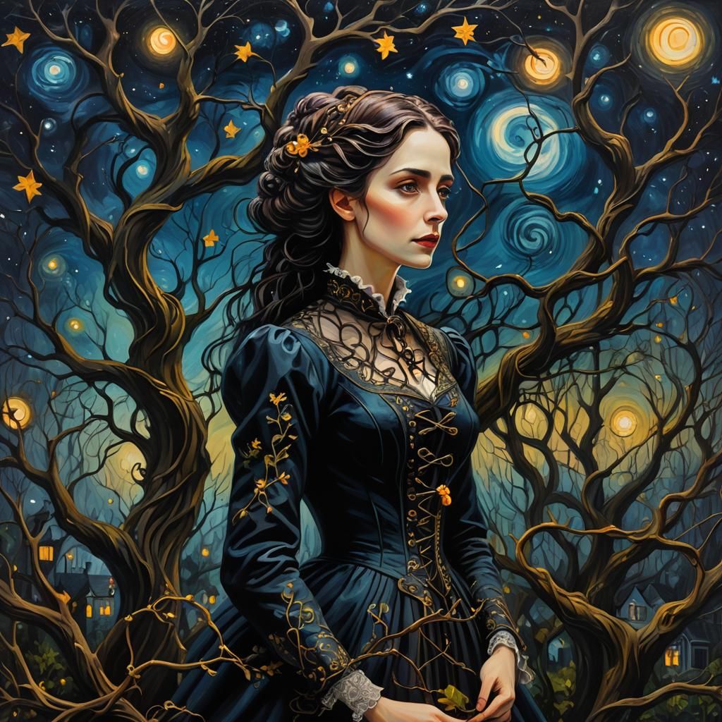 Gothic Oil Painting: Victorian Woman in Moonlit Garden