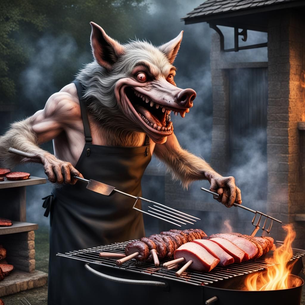Anthropomorphic Grinning Wolf; barbecuing, roasting a whole pig on a spit, insanely detailed dark fantasy barbecue, fair...