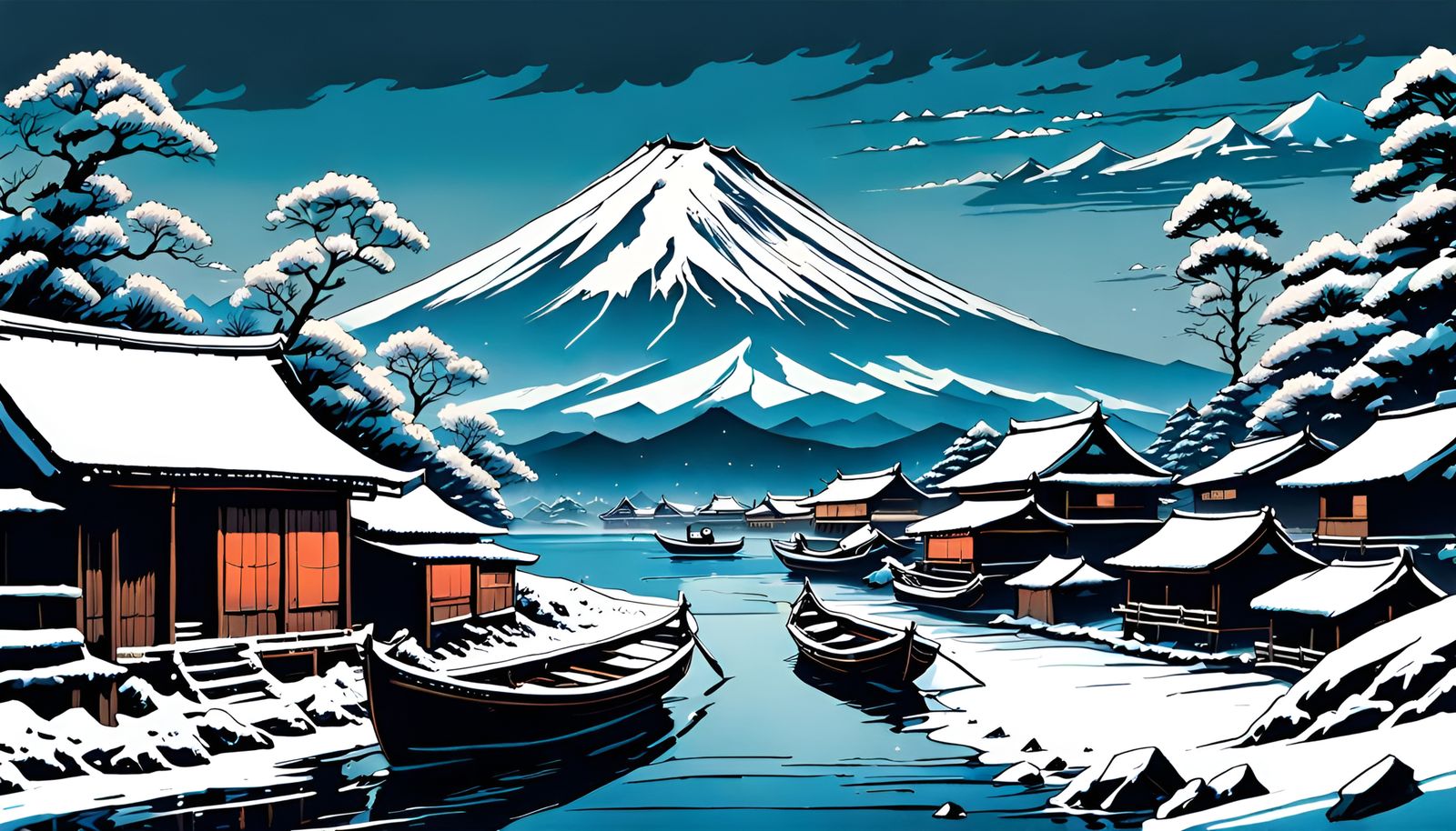 Mount Fuji Winter Scene in Silkscreen Style