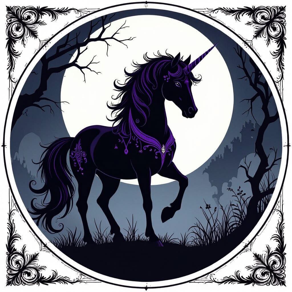 Violet Unicorn Silhouette in Gothic Surrealism Style