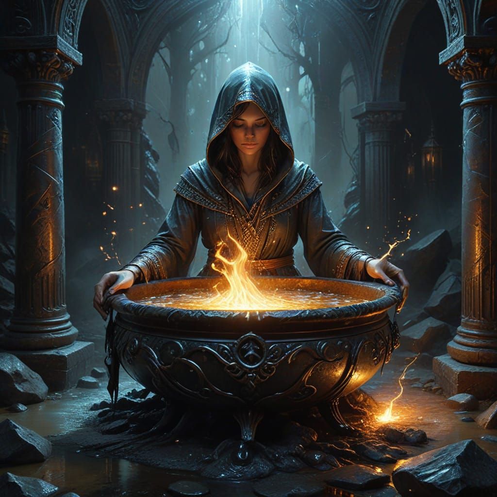 Enchanted Figure Sips Golden Ale from Glowing Cauldron in Dr...