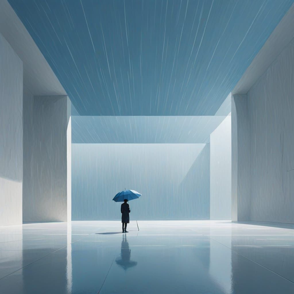 Surreal Blue Umbrella Scene in Minimalist Art