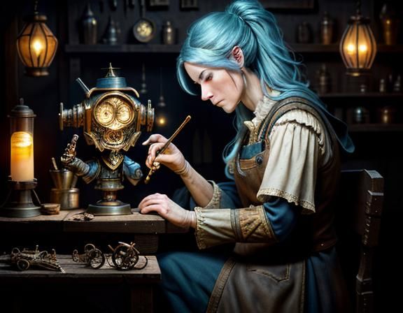 Gnome Repairs Automaton in Dark Fantasy Style