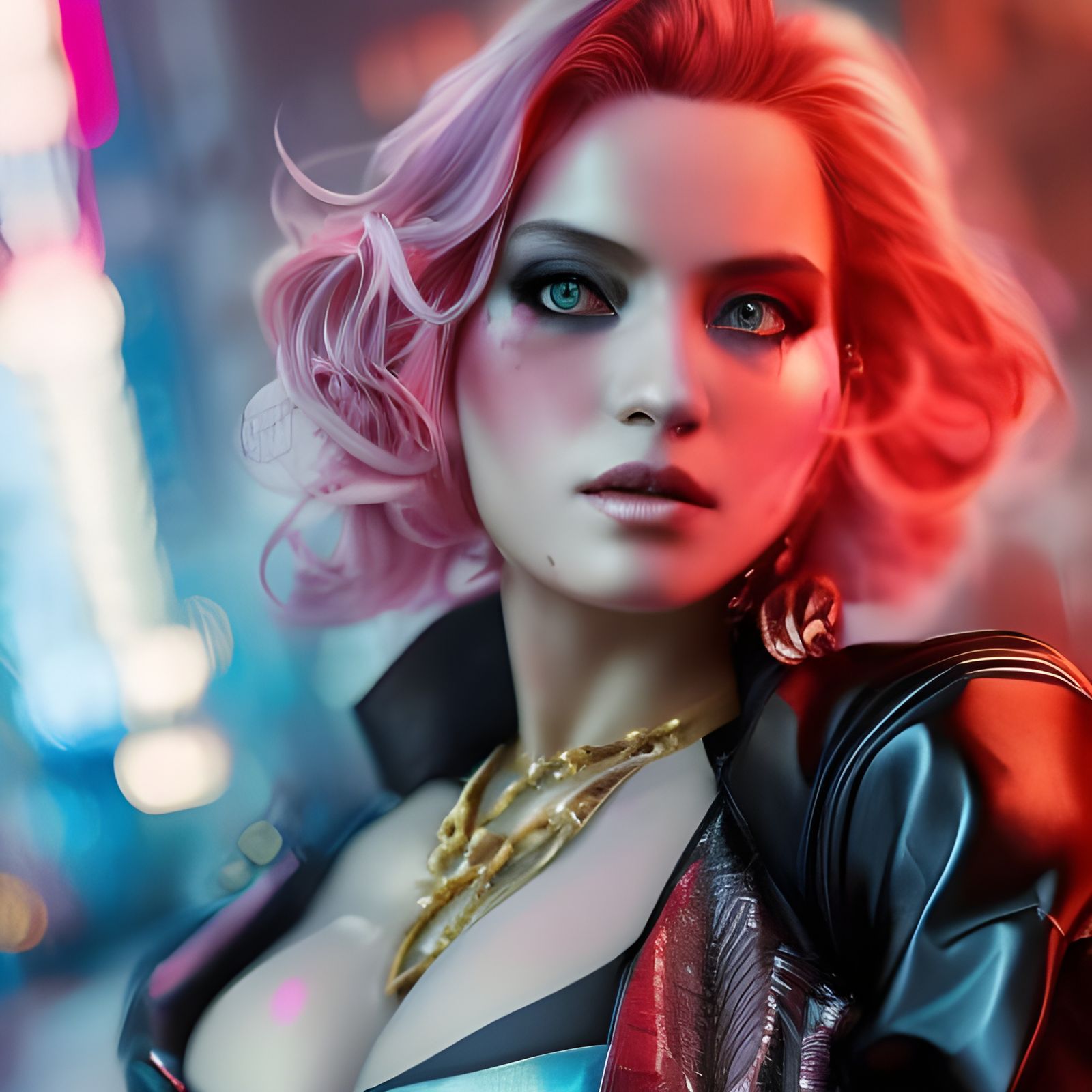 Cyberpunk Woman Portrait in Detailed Neo-Noir Cityscape