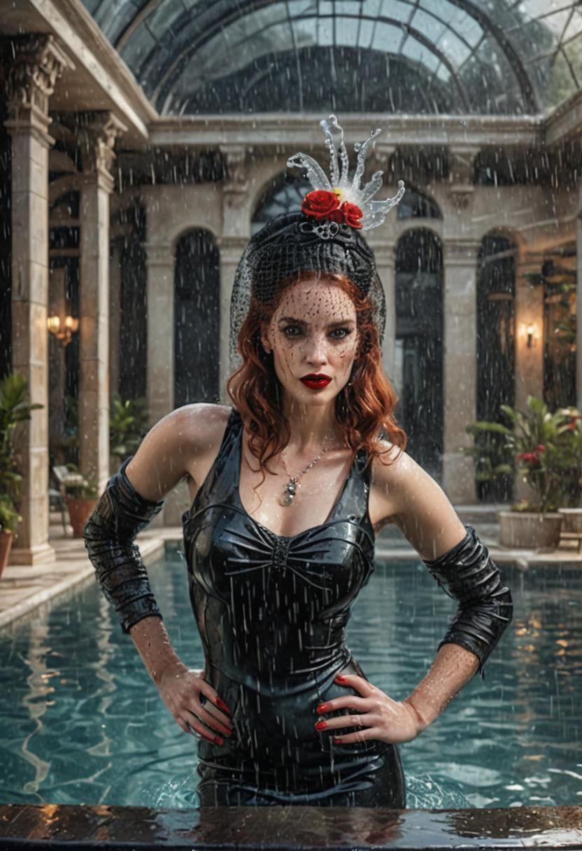 Glamorous Woman in Black Dress in Pool