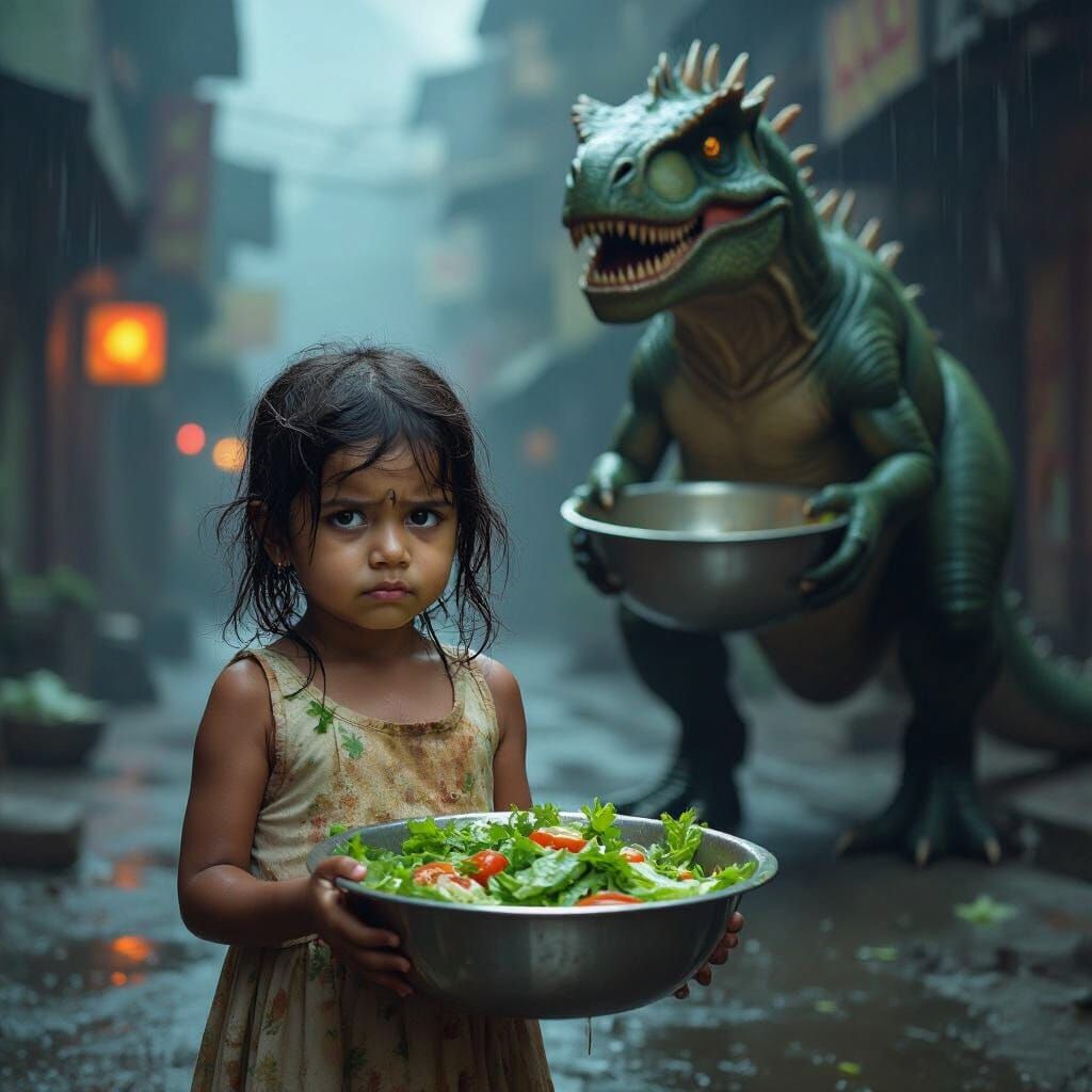 Unhappy Girl, Dinosaur, and Empty Bowl in Cinematic Fantasy