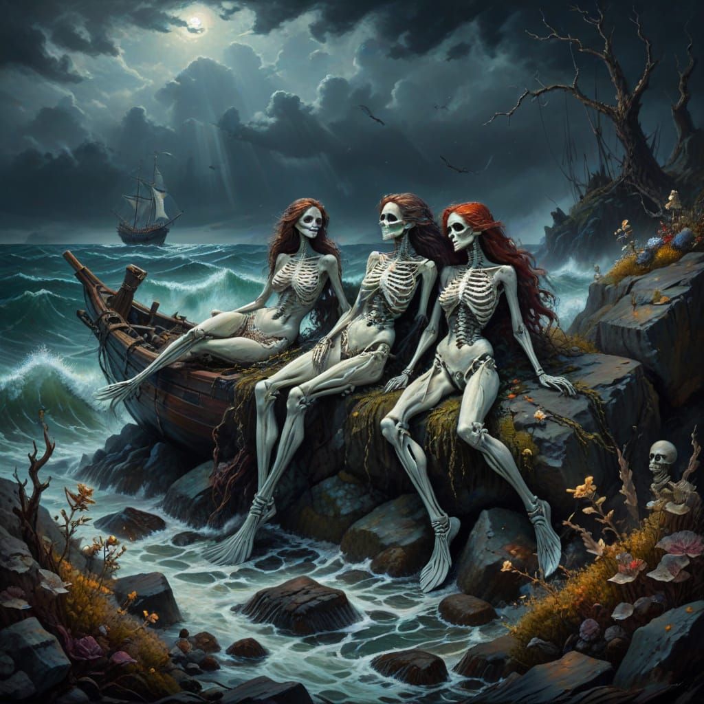 Dark Romantic Mermaids on Rocky Outcrop in Storm