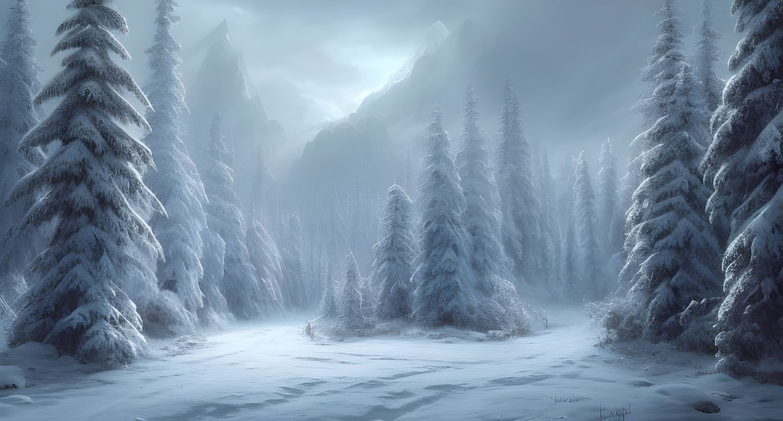 Magical Winter Mountain Forest Landscape in Digital Art