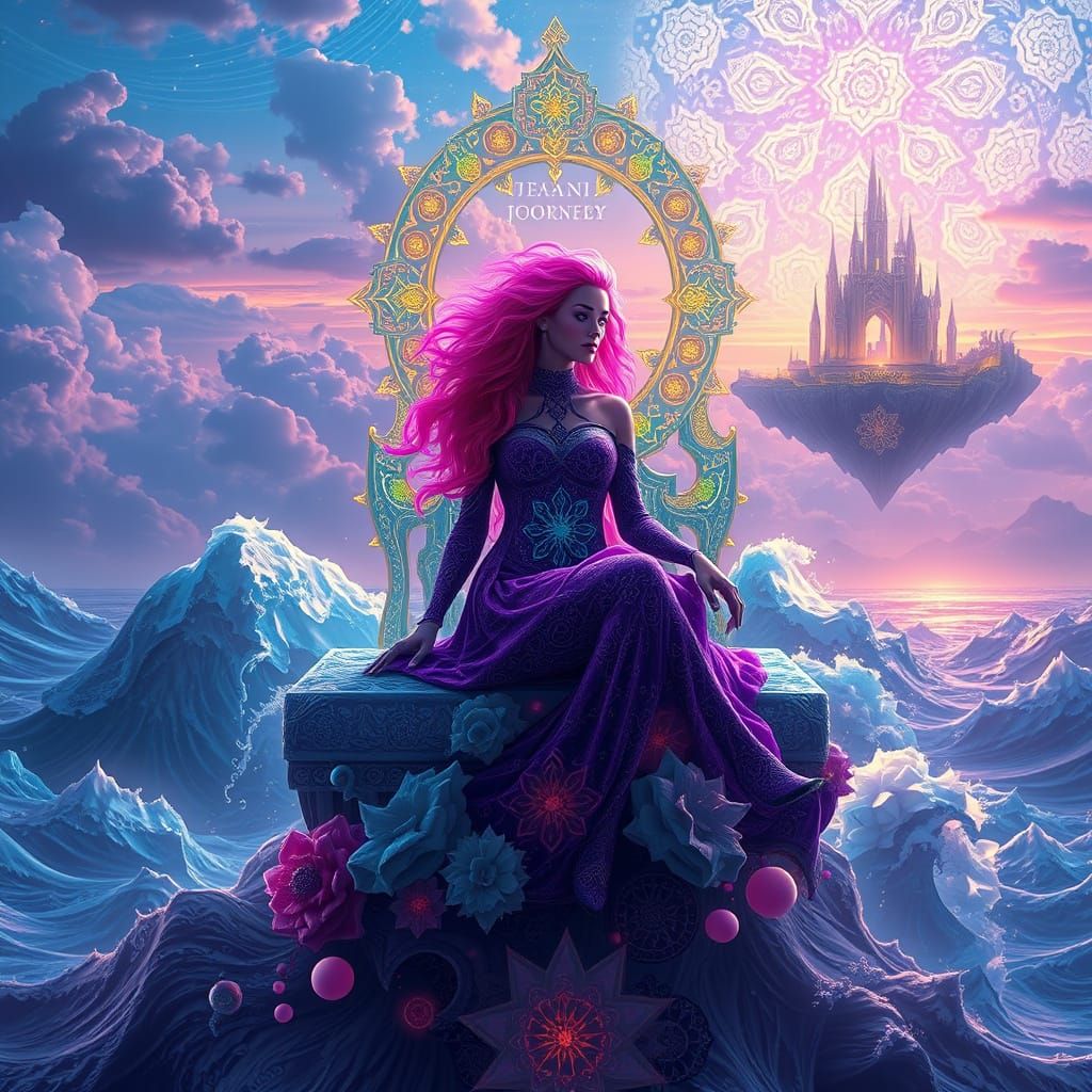 A vibrant, surreal painting of a woman seated on a throne of...