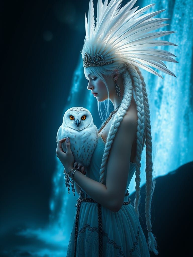 Albino Woman with Owl in Ethereal Moonlight Waterfall