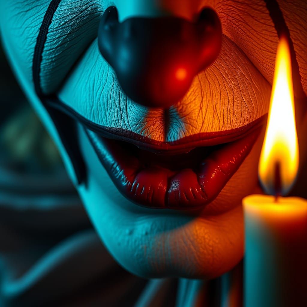 Terrifying Clown's Lips Blowing Candle, Hyper-Realistic Clos...