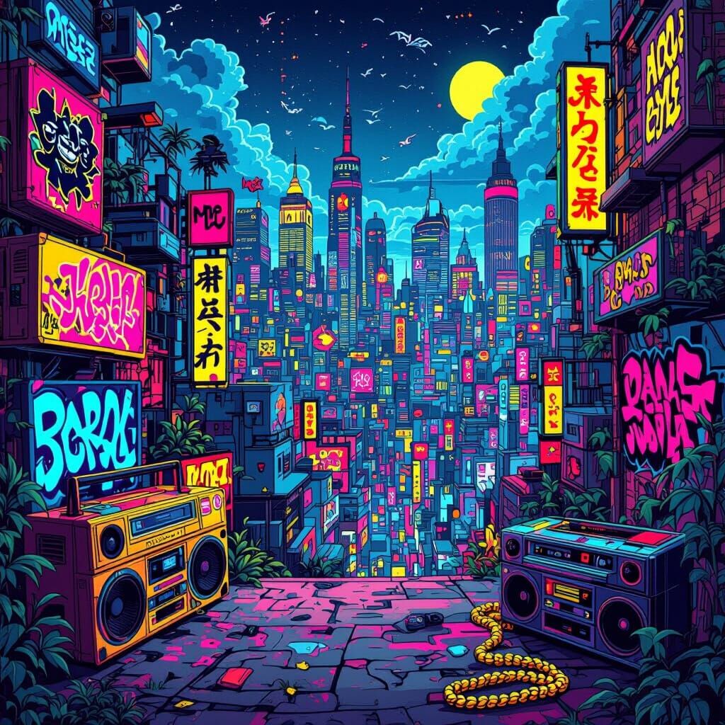 Vibrant Cartoon Cityscape with Hip Hop Culture Symbols