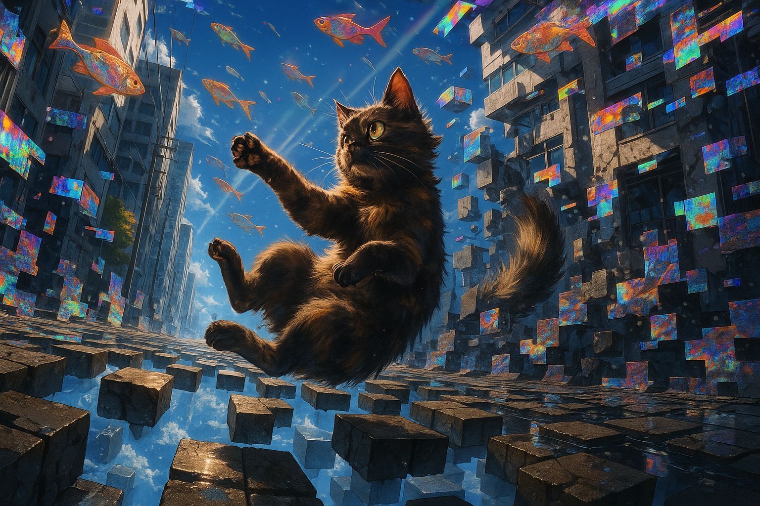 Floating Cat in Glitching Cityscape: Anime-Realism Fusion