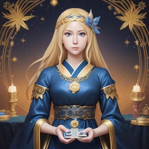Mystical Girl with Tarot Cards in Anime Style