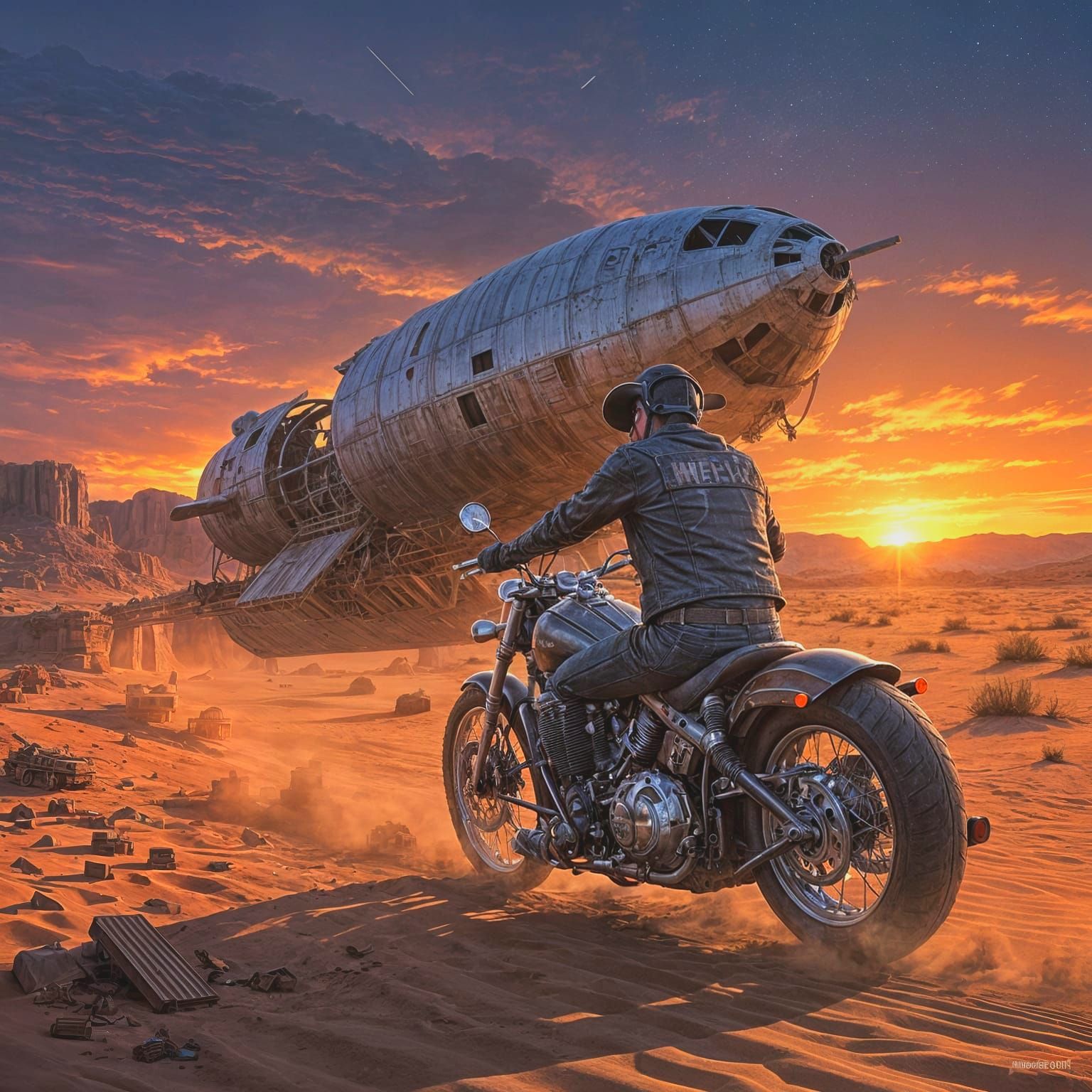 Lone Cowboy Rides Futuristic Motorcycle at Sunset