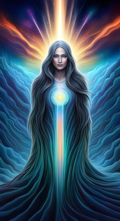 Figure Ascending Through Cosmic Light to Enlightenment