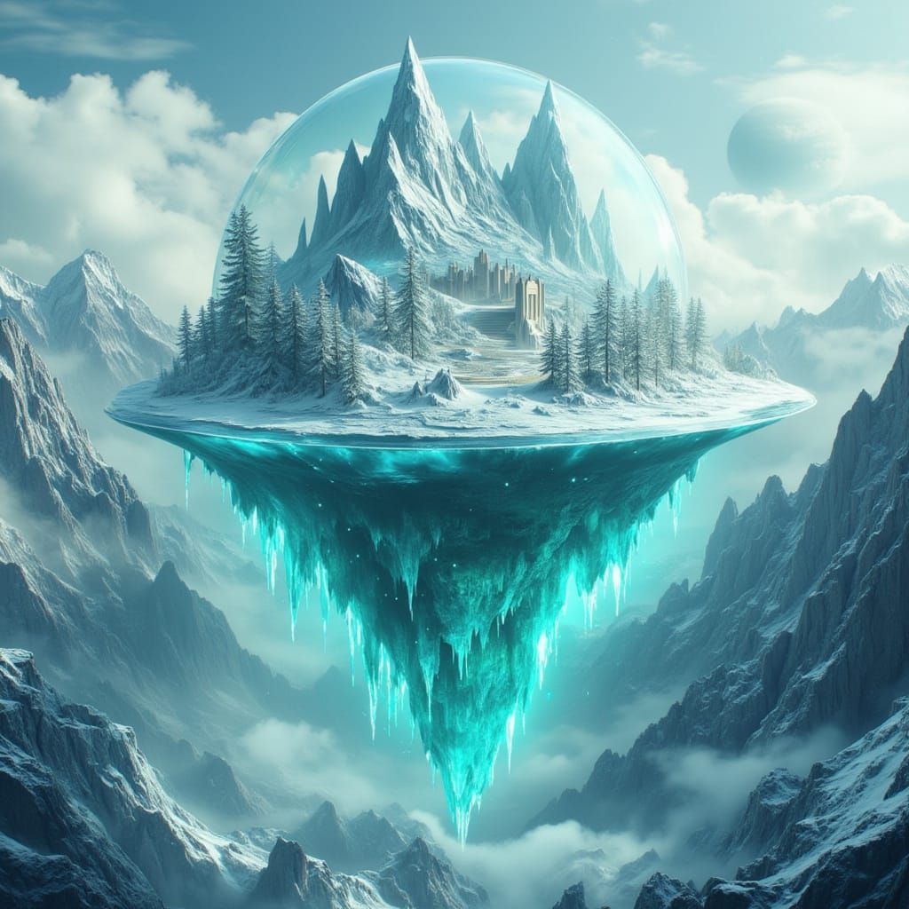 Surreal Floating Icy Island with Crystalline Peaks