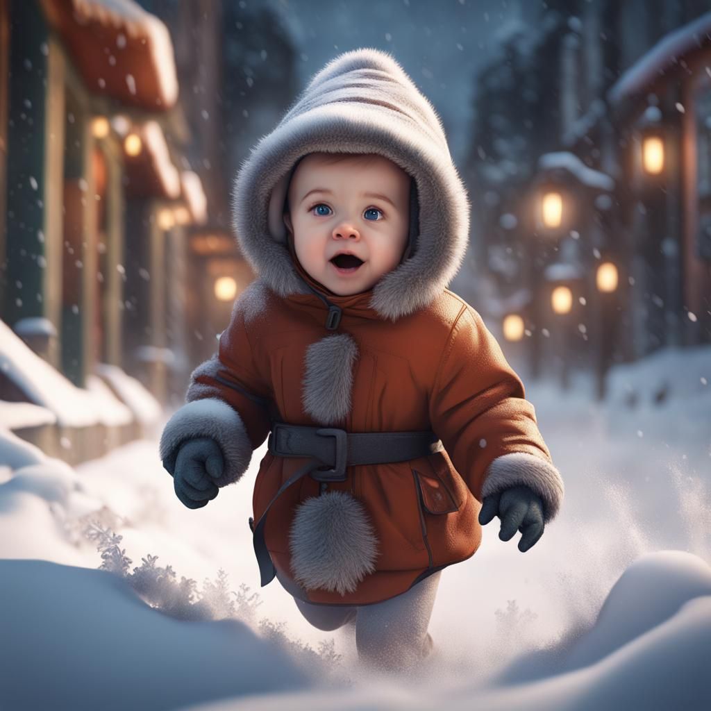 Cute Baby Running in Snow: Detailed Matte Painting
