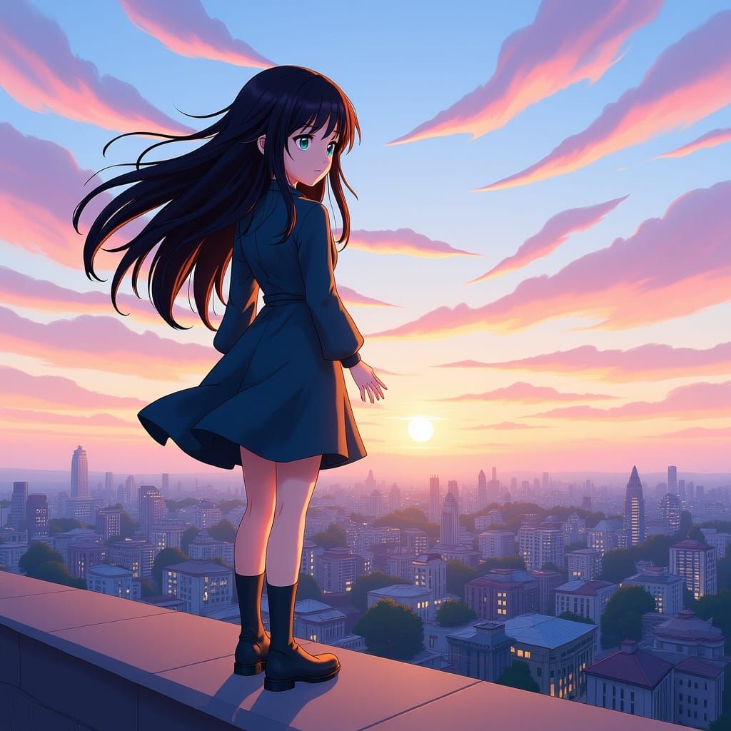 Anime Girl Overlooking Cityscape in Digital Painting Style