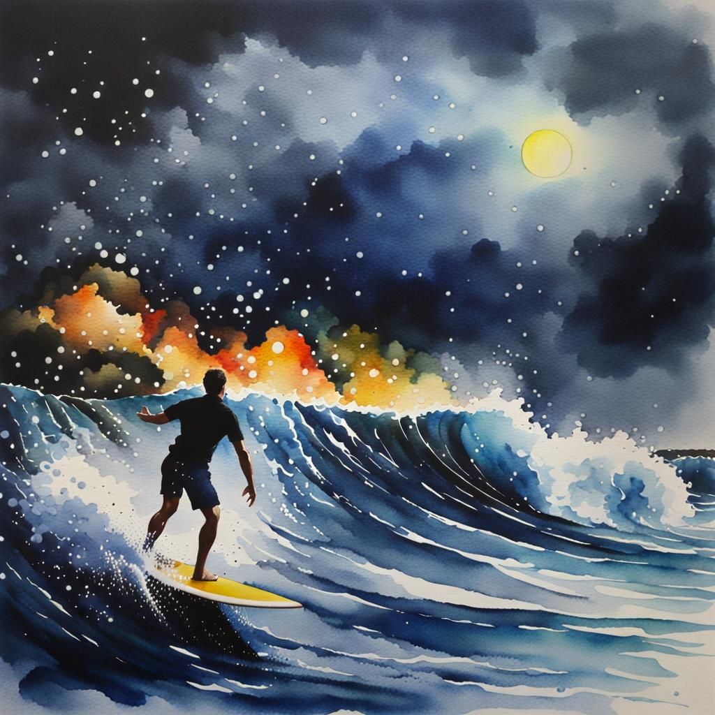 Night Surfing in Watercolor Style with Starlight