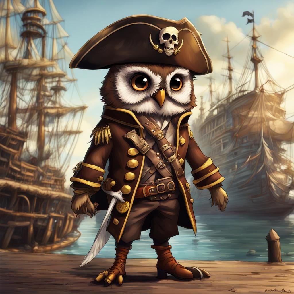 Cute Saw-Whet Owl Pirate in Victorian Style