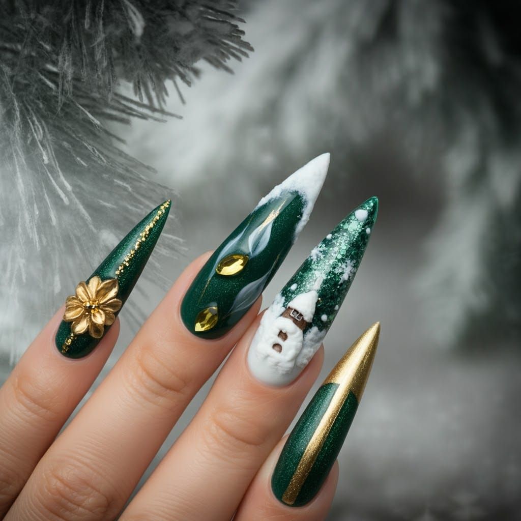 Winter Wonderland Stiletto Nails with Gold Accents