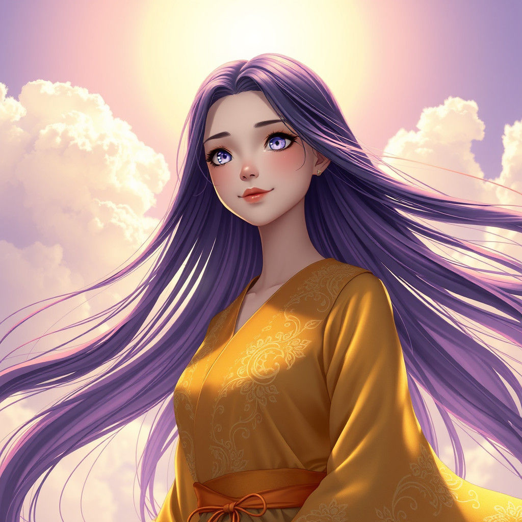 Anime Girl in Sunlight with Purple Hair and Gold
