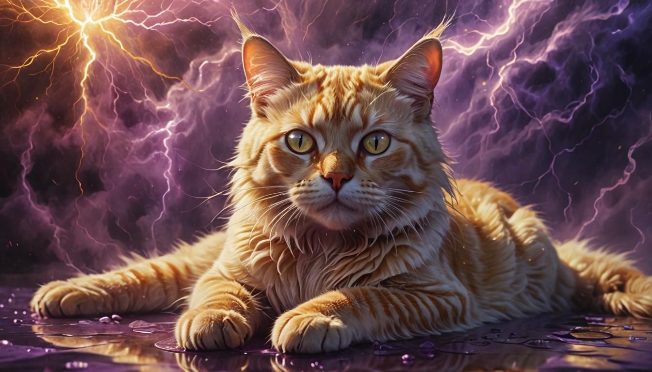 Glowing Cat Emitting Golden Lightning in Surrealist Style