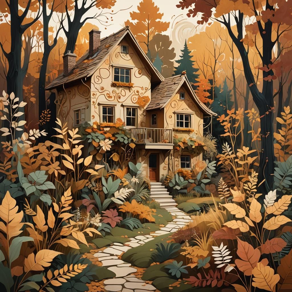 Cozy House in Autumn Forest: Matte Painting