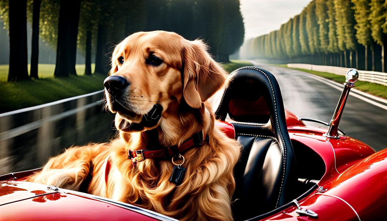Golden Retriever Racing a Ferrari at Monza