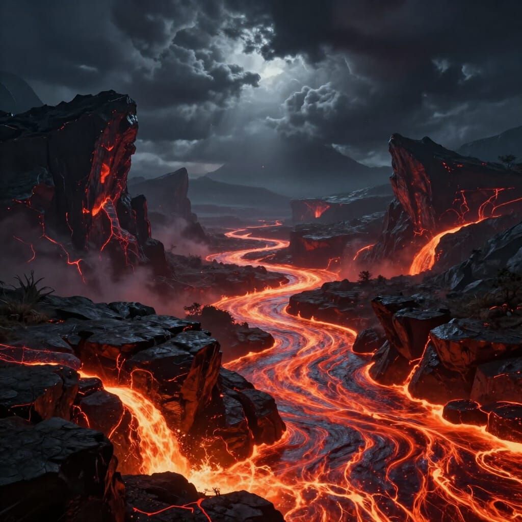 Epic Fantasy Landscape with Lava Rivers and Obsidian Rocks