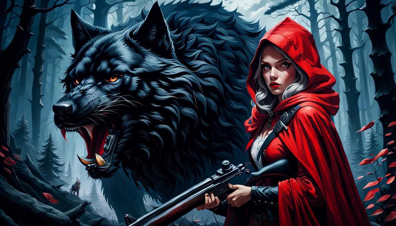 Little Red Riding Hood and Angry Werewolf Oil Painting