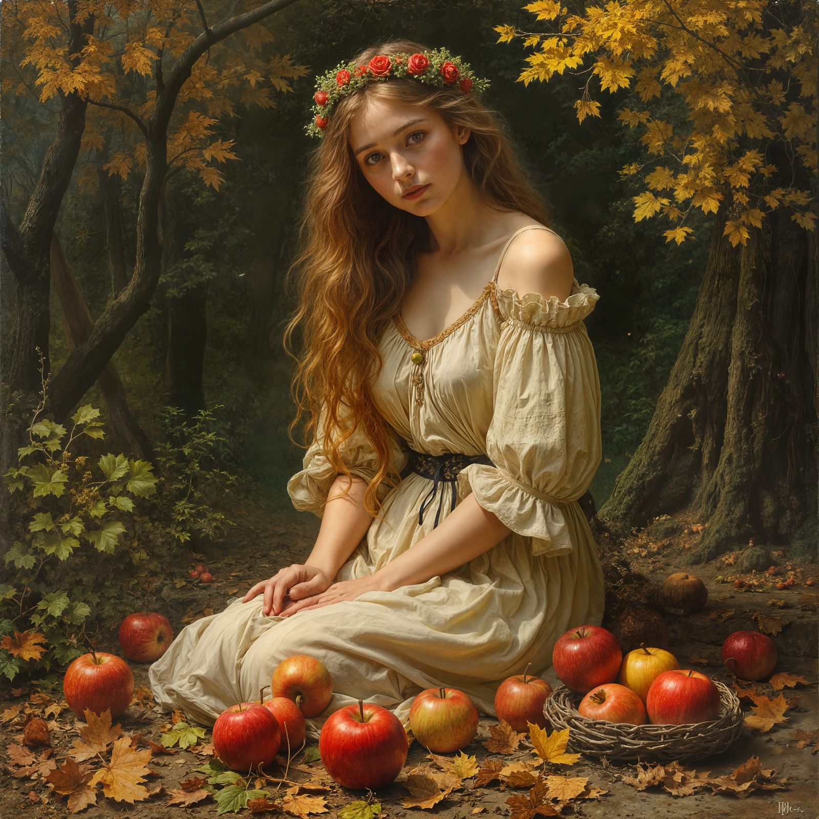 Pre-Raphaelite Autumn Goddess with Apples in Woodland