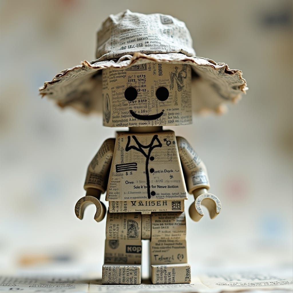Shocked Lego Man Constructed from Newspaper Art