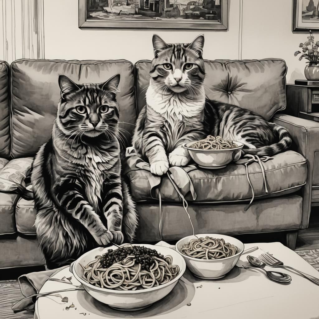 Cats Watching TV: Modern Ink Painting