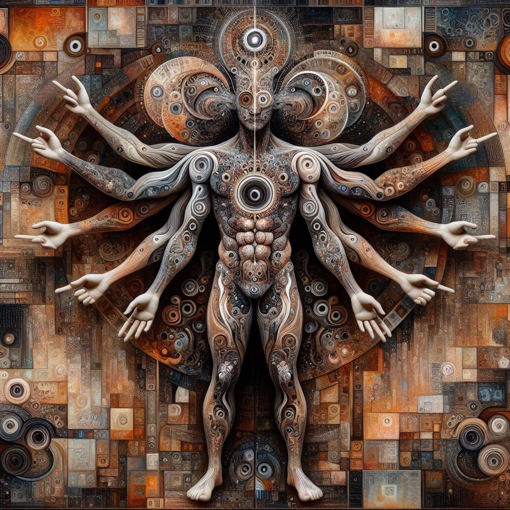 Surreal Multi-Armed Figure in Abstract Composition