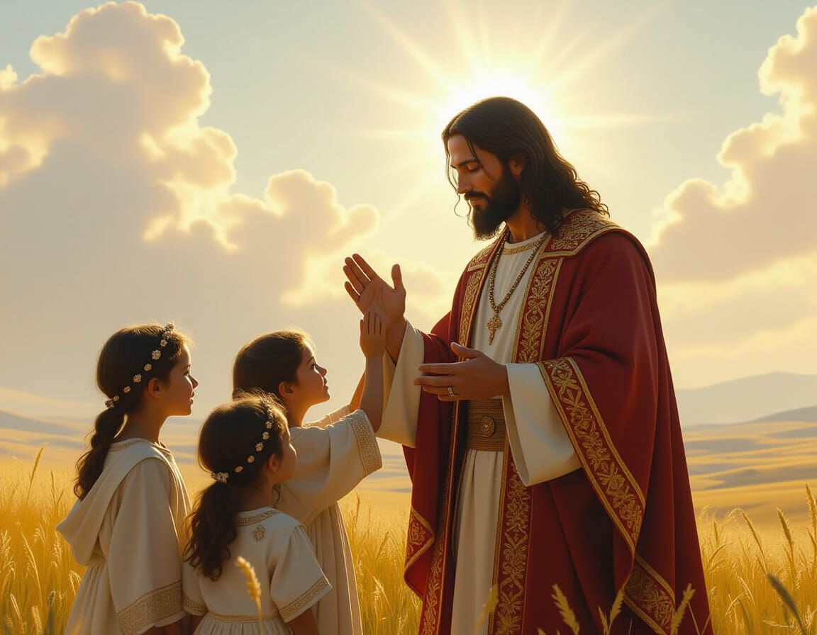 Jesus Blesses Children in Sun-Drenched Landscape