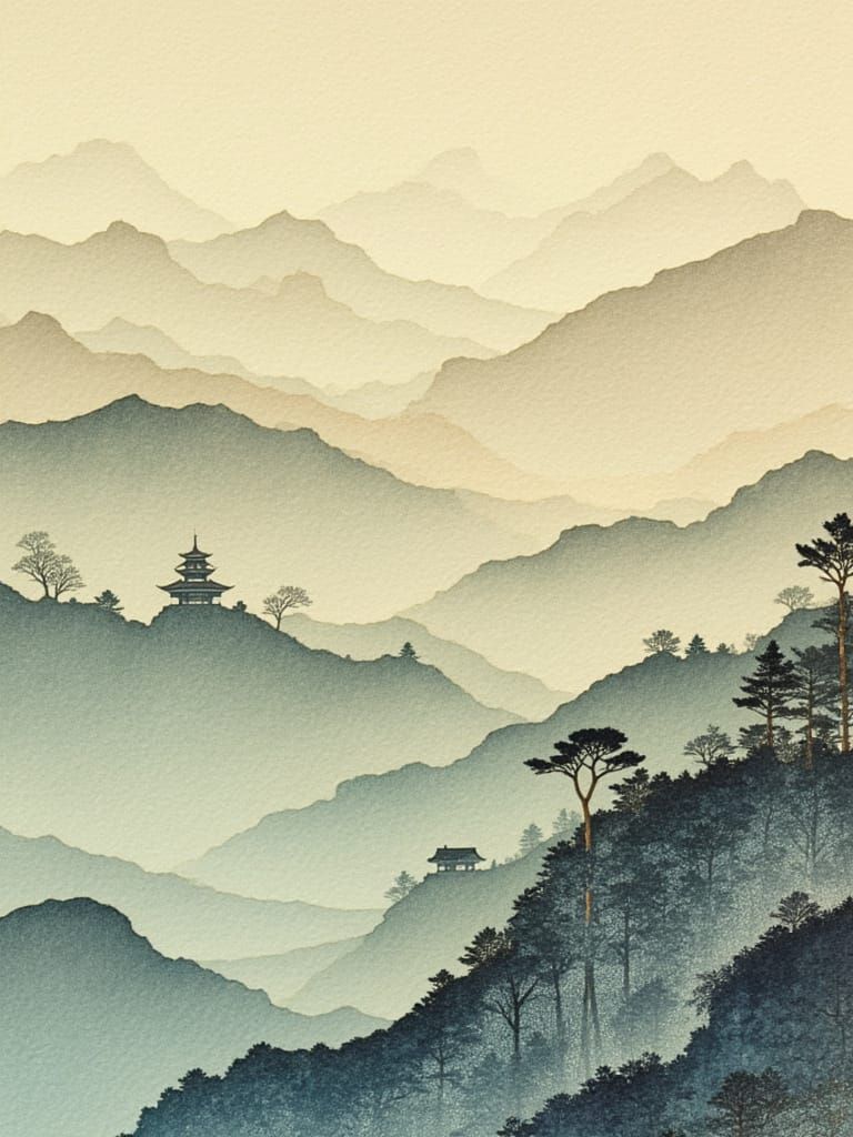 Atmospheric Collage of Pagoda Roofline in Haze