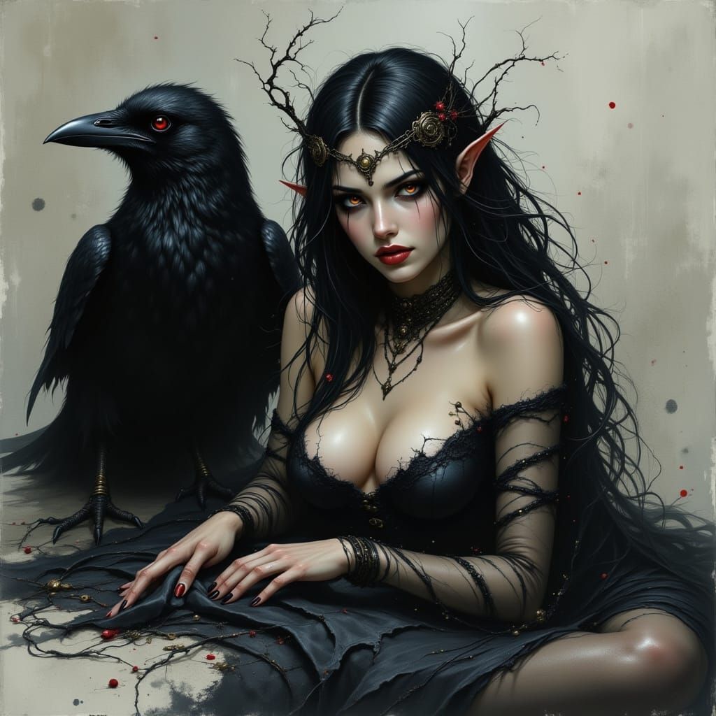 Mysterious Vampiress with Raven in Ethereal Setting
