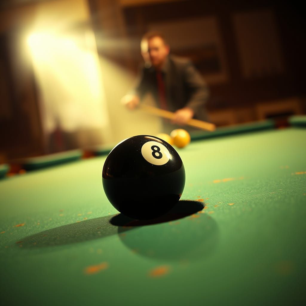 Close-Up of a Worn Pool Table with a Dramatic 8-Ball Moment