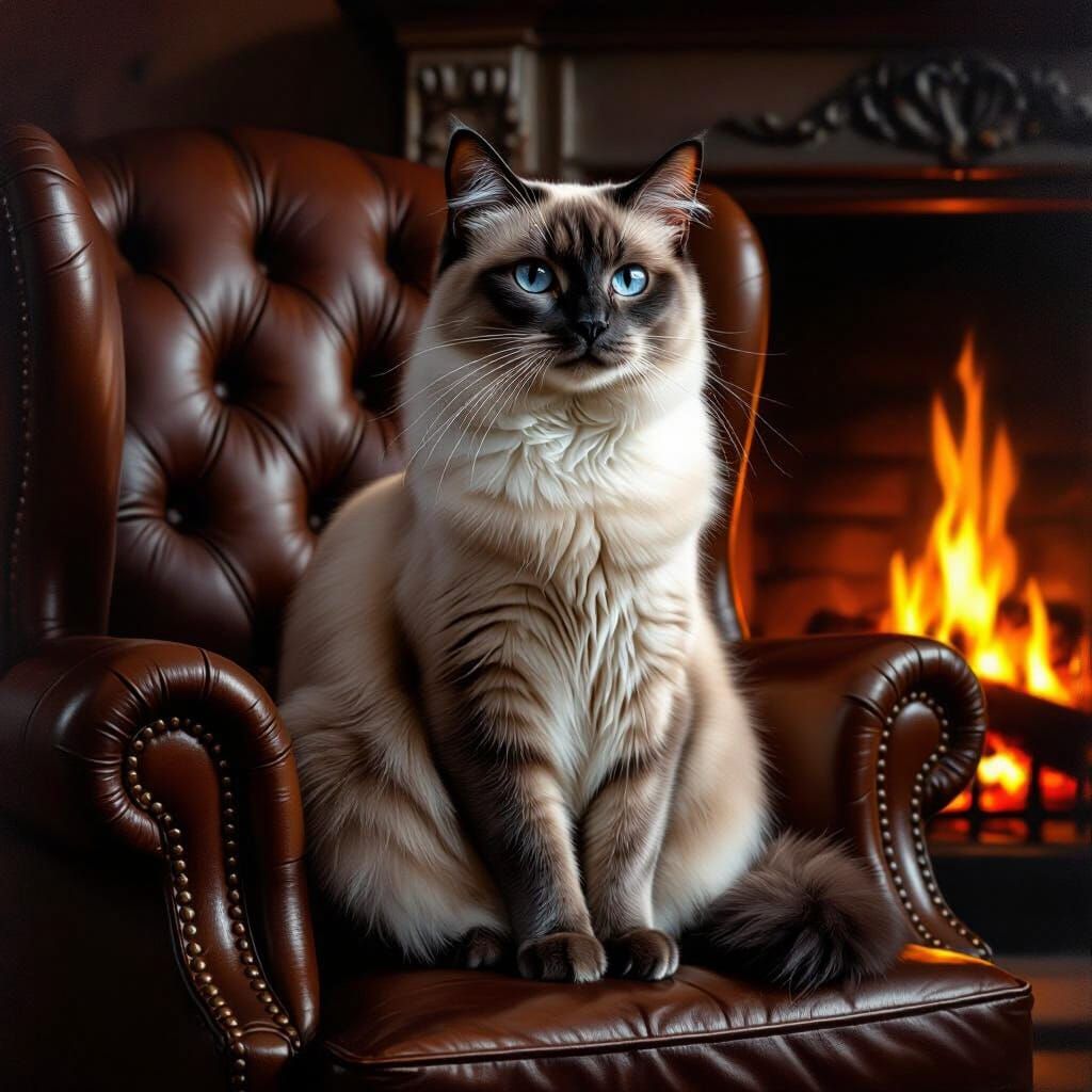Majestic Siamese Cat by Fireplace in Matte Painting Style