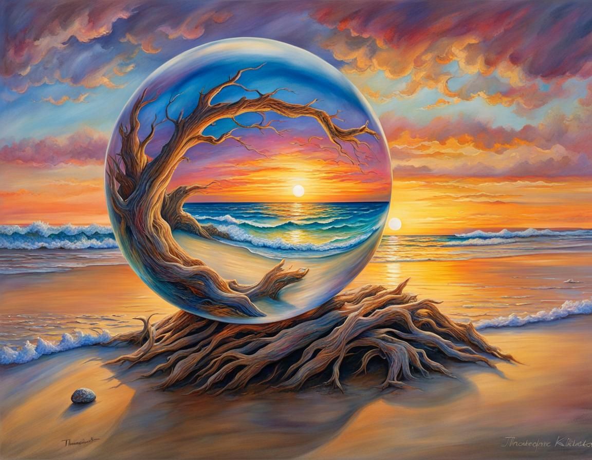 Polychromatic Glass Ball on Beach at Sunset