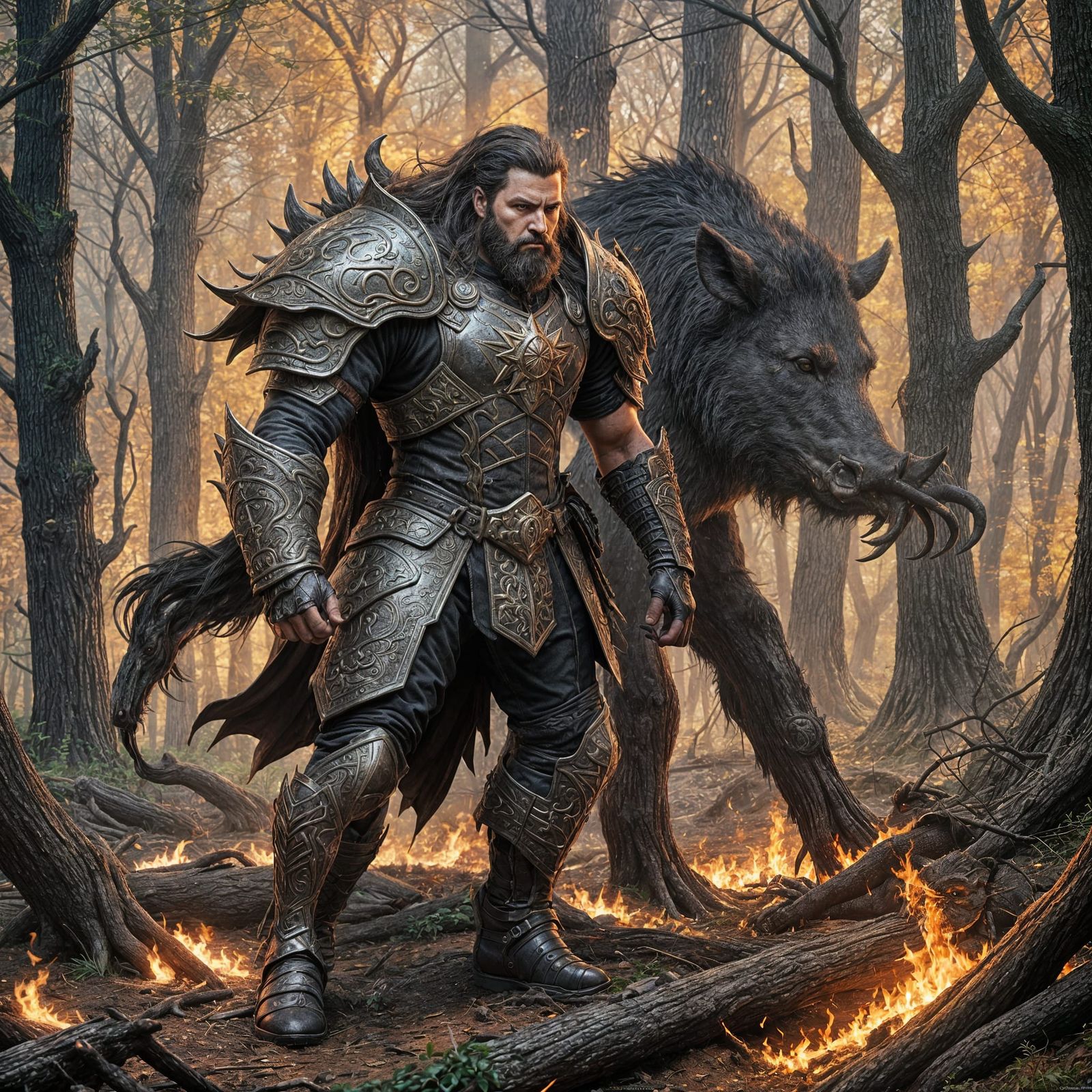 Forest Warrior and Giant Boar in Flames